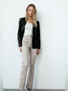 Zara Faux Suede Slim Flare Pants High Waist Fit with Side Slits